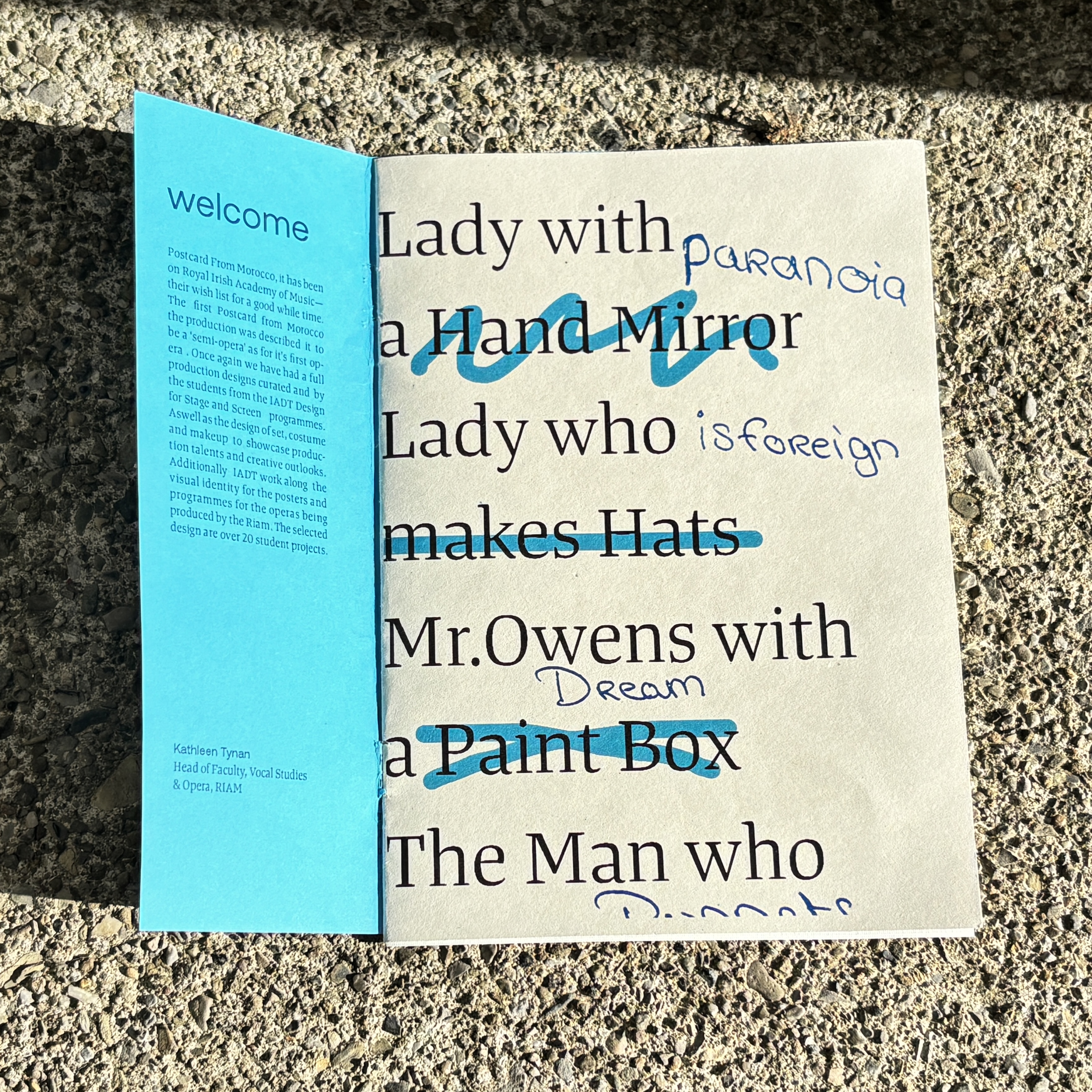 Poster design showing typographic list of characters and their possessions, with handwritten annotations layered on top