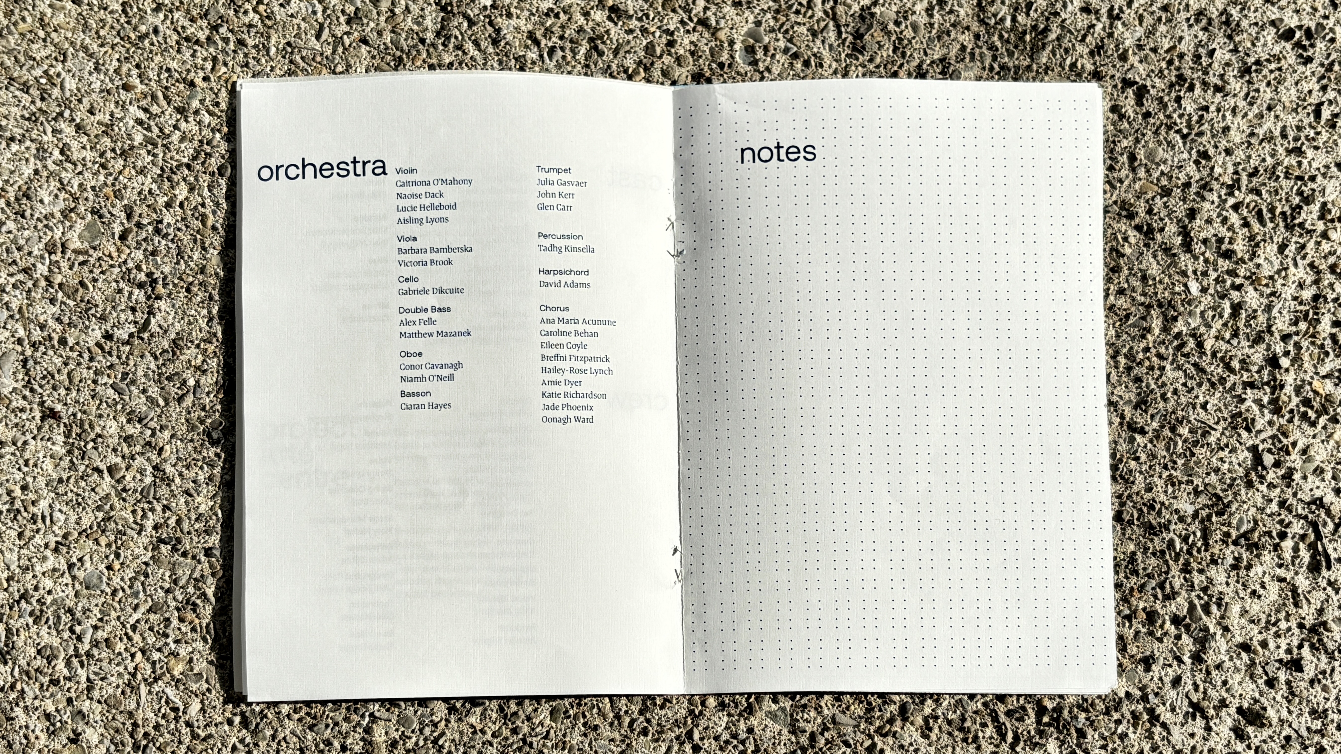 Programme spread showing typographic list of characters and their possessions, with handwritten annotations layered on top